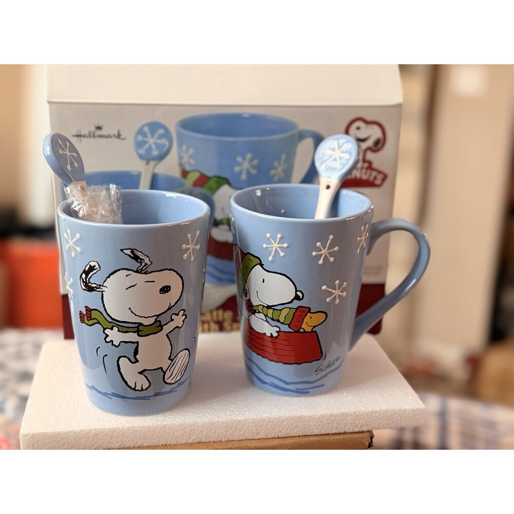 Hallmark Peanuts Snoopy Woodstock Christmas 2014 Latte Mugs Spoons Set NIB